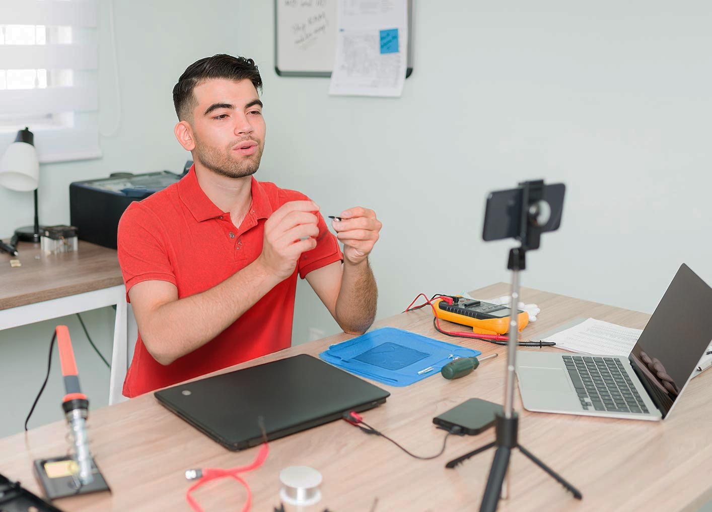 man working remotely over the phone